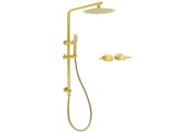 Brushed Gold 2in1 Shower Set 8" Round Head Stainless Steel Handheld Sliding Rail Arm Twin Taps V1233-S4902ABGSS019CBGKSR108GCPF0282AG