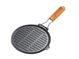 SOGA 24cm Round Ribbed Cast Iron Steak Frying Grill Skillet Pan with Folding Wooden Handle ZPAI026