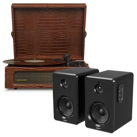 Crosley Voyager Bluetooth Portable Turntable Brown Croc + Bundled Majority D40 Bluetooth Speakers V398-CR8017BMY-BR4