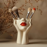 Sculpted Hands Vanity Brush Holder "Goddess Embrace" Resin Organizer with Red Lips Accent/1 Piece V1106-HZSZSNH001
