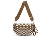 Brown Checkered Trendy Sling Bag - Women's Crescent Crossbody Purse with Wide Adjustable Strap V888-ELOSUNG33368