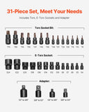 Torx Bit Socket and External Torx Socket Set 31-Piece T8-T70 and E4-E24 Steel V952-PTTT143812TORESE9V0