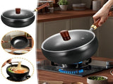 Hand-Forged Uncoated Iron Wok Pan with Glass Lid Big Belly Stir Fry Pan for Searing & Sauting V1366-AZ2-W-12847