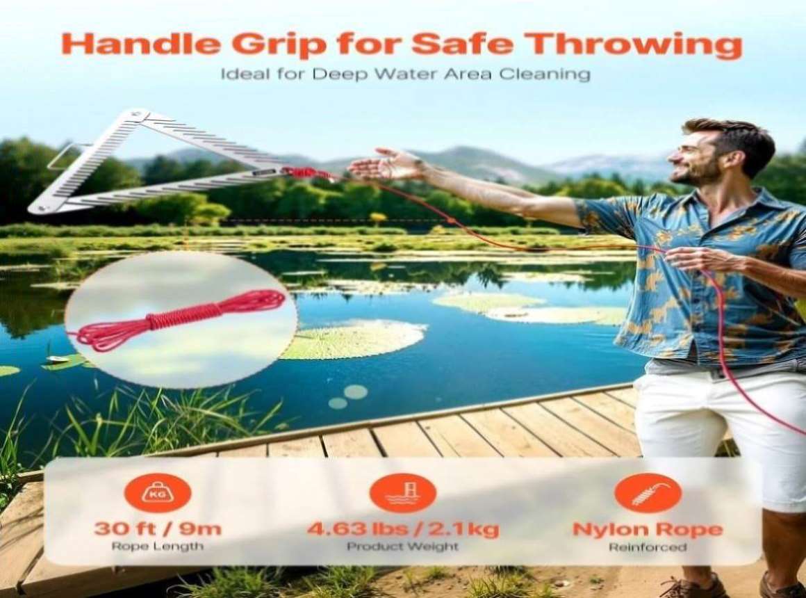 24in Aquatic Weed Rake, 3-Sided Lake Weed Rake with Handle, Portable ...