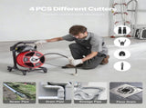 Drain Cleaner Machine 15m x 13mm, Manual Feed Sewer Snake Auger on Wheels - with 4 Cutters & V952-SDJJKLSGDSTJWGUIY002V3