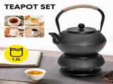 1.2L Cast Iron Teapot and Warmer Set Tea Kettle Iron Bottle With Stainless Steel Mesh Infuser and V985-TEAPOTSET