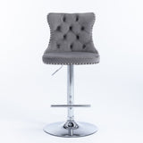 2x Height Adjustable Swivel Bar Stool Velvet Stud Barstool with Footrest and Chromed Base- Gray V226-SW1712GY
