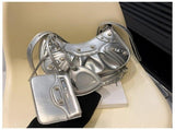 Silver Vintage Rivet Crescent Moon Bag with Card Holder & Mirror, French Retro PU Leather Shoulder & V888-ELOSUNG13774