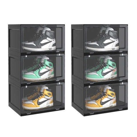 SOGA 2X 3 Tier Black Portable Shoe Organiser Sneaker Footwear Folding Plastic Bin Stackable Storage SHOEA8003BLKX2