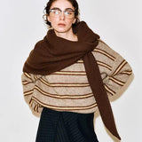 Brown Retro Wool Blend 190x70cm Knitted Triangle Scarf - Multifunction Warm Shawl Wrap with Elegant V888-ELOSUNG49958