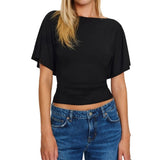 Women'S Wrap Tops Casual Short Sleeve Tie Back Cinched Waist T Shirts Trendy Boat Neck Blouse V1366-AZ2-W-14413