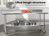 Cefito Stainless Steel Kitchen Bench w/ Splashback 1500x600MM 430 SSKB-430S-WHEEL-59H