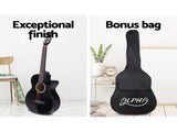 Alpha 38 Inch Acoustic Guitar Wooden Body Steel String Full Size w/ Stand Black GUITAR-D-38-BK-CAPO
