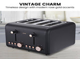 Pronti 4 Slice Toaster Rose Trim Collection - Black TSR-4SL-GST-BK