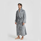Men's Flannel Bathrobe Grey XL Size - Soft Coral Fleece Hooded Kimono Collar Dressing Gown Loose Fit V888-ELOSUNG54489