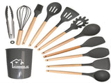 Dark Grey And Brown 12-Piece Silicone Kitchen Utensil Set - Non-Stick Food-Grade Silicone Cooking V888-ELOSUNG23151