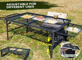 Folding Grill Table 135x60cm Portable Height Adjustable Camping Table with 2 Wing Panels Mesh V985-GRILLTABLE
