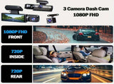 Super Memory Triple Cam Dash Cam! 32GB storage 1080P HD triple lens, 170&deg panoramic coverage of V1102-XCJLY1080P001