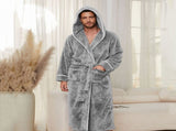 Men's Plush Fleece Hooded Bathrobe Grey M Size Shawl Collar Dressing Gown - Thick Warm Soft Winter V888-ELOSUNG54499