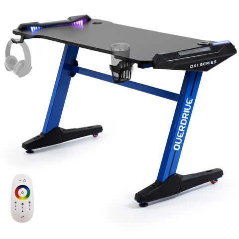 OVERDRIVE Gaming Desk, 120x60cm, Carbon Fiber Styling, LED Lights, Headset Hanger, Cup Holder, Cable V219-OVGDFF11A