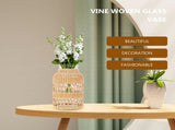 Boho Rattan Glass Vase with Woven Design, Decorative Flower Planter for Dried Flowers, Home Decor V1366-AZ2-W-23002
