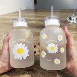 480ml Milk Juice Cute Water Bottle with Scale 2 Lids Little daisy Matte Portable Transparent Water V1192-AZ-W-17054