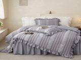 White Elegant Ruffle Seersucker Duvet Cover with 2PCS Pillow Shams - 3-Piece Vertical Stripe Clipped V888-ELOSUNG49359