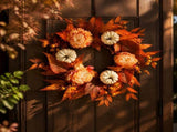 Christmas Artificial Front Door Wreath with LED Lights, Pumpkins and Maple Leaves, Reusable Hanging V1366-AZ2-W-16025