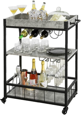 Industrial Vintage Style Wood Metal 3 Tiers Kitchen Serving Trolley with Wine Rack V178-64706