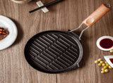 SOGA 2X 24cm Round Ribbed Cast Iron Steak Frying Grill Skillet Pan with Folding Wooden Handle ZPAI026X2