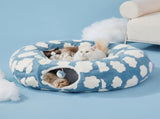 2-in-1 Cat Tunnel Bed Blue Daisy 80cm - Plush Donut Pet Cave & Play Tube - Detachable Washable V888-ELOSUNG41374