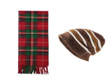 Brown Red Striped Wool-Blend Beanie & Plaid Fringed Scarf Set Soft Knit Hat and V888-ELOSUNG54007