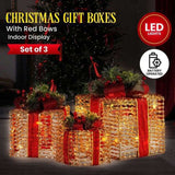 Christabelle Set of 3 Christmas Gift Boxes with Lights - Champagne with Red Bows 112_MHA511