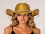 Gold Rhinestone Fringe Cowboy Hat - Sparkling Western Party Hat with Round Gemstone Band and Crystal V888-ELOSUNG57115-2