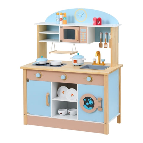 Keezi Kids Wooden Pretend Kitchen Play Sets Cooking Toys Pot Pan Bowls Oven Dishwasher 80CM Blue PLAY-WOOD-MICROWAVE-BL