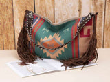 Bohemian Style Canvas Hobo Bag with Tassels & Geometric Print - Large Capacity Shoulder Bag V888-ELOSUNG29789