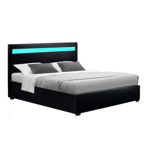 Artiss Bed Frame Double Size LED Gas Lift Black COLE BFRAME-E-COLE-D-BK-ABC