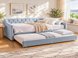 Artiss King Single Buttonless Tufted Daybed with Pull-Out Trundle, Light Blue XFSI-DBRK111AKS-AB