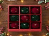 Christmas Ball Ornaments 9 Pcs Red Green Velvet Flocked Xmas Tree Decorations With Gold Snowflake, V1366-AZ2-W-13189