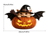Halloween Lighted Witch Cat Pumpkin Figurine, Bat Wing Kitten in Jack-O-Lantern with LED Glow, V1366-AZ2-W-24815