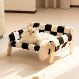 cat sofa bed, faux-fur cat bed, checkered pet bed, warm pet bed, washable pet bed, wooden cat bed, V1106-135-13039-BRN-L