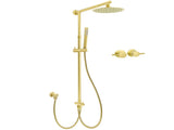 WELS Brushed Gold 8" Round Shower Head Stainless Steel Handheld Rose Sliding Rail Twin Taps Set V1233-SC842GSS019CBGKSR108GCF0282AG