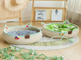 L Size Handwoven Natural Rattan Cat Bed and Scratcher - Washable Low-Mess Round Nest with White V888-ELOSUNG55099-8