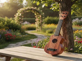 Mahogany color 17-inch Playable Ukulele Mini Guitar, lightweight and portable. Features comfortable V1106-KTZXJT001