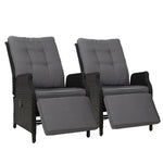 Gardeon 2PC Recliner Chairs Sun lounge Wicker Lounger Outdoor Furniture Adjustable Black ODF-RCL-RW-FT-BKX2