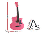 Alpha 38 Inch Acoustic Guitar Wooden Body Steel String Full Size w/ Stand Pink GUITAR-D-38-PINK-CAPO