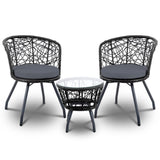 Gardeon 3PC Bistro Set Outdoor Furniture Rattan Table Chairs Patio Garden Cushion Black ODF-BISTRO-ROUND-BK
