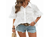 Women Embroidery Eyelet Crop Top Short Sleeve Button Down Blouse White M V1369-AZ3-W-11511