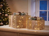 Set of 2 Light Up Christmas Gift Boxes Champagne Gold Battery Operated Warm White LED Present D 112_MHA716