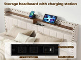 Artiss Queen Upholstered Bed Frame with Shelf Storage Drawers Charging Station Mood Lighting Linen BFRAME-G-NOUVEA-Q-BG-ABC